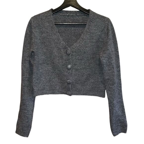 Grey Cropped Cardigan‎ Sweater Womens S VNeck Long Sleeve Lightweight - Picture 1 of 8